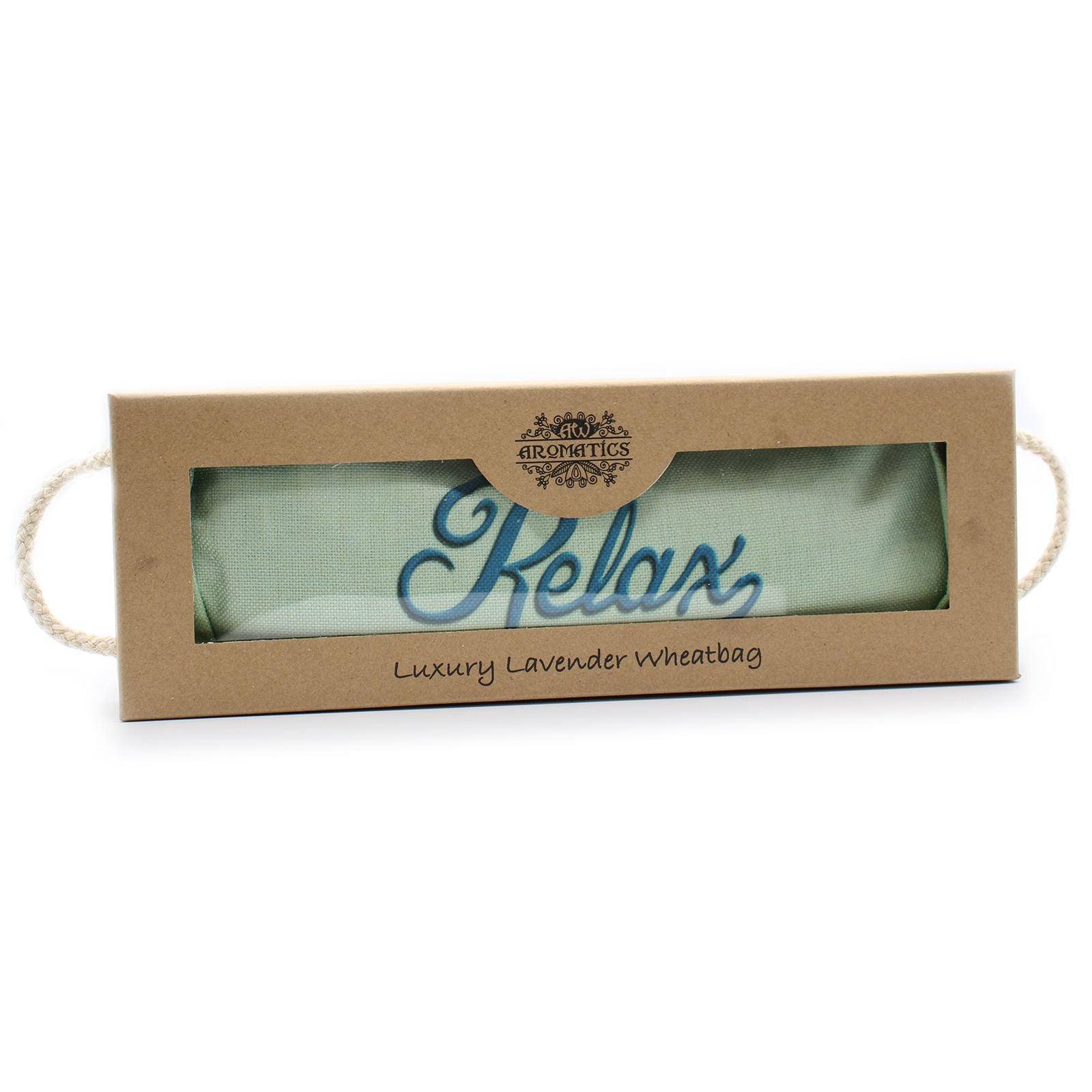 Alt Tag: Lavender Wheat Bag – Blue Sky Gift Set in gift box, lavender-scented wheat bag with “Relax” design, 40x12.5x4.5 cm