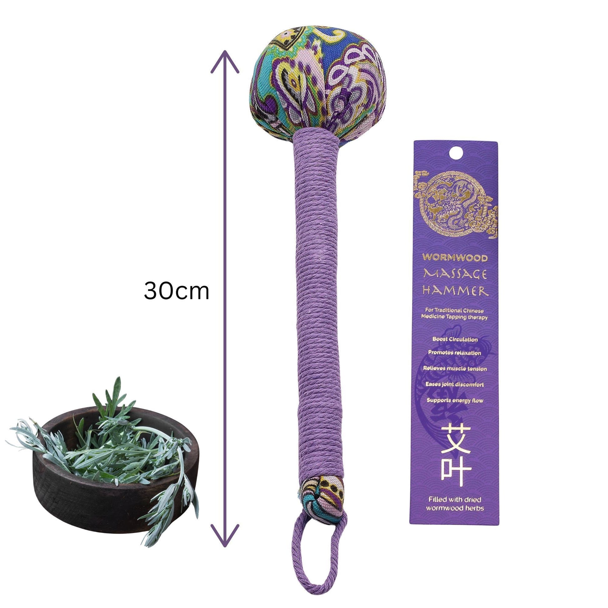 Alt Tag: Martillo de masaje Lavender Wormwood – herramienta de madera, masajeador de percusión de madera de 30 cm con envoltura de mango morada y relleno de hierba de artemisa