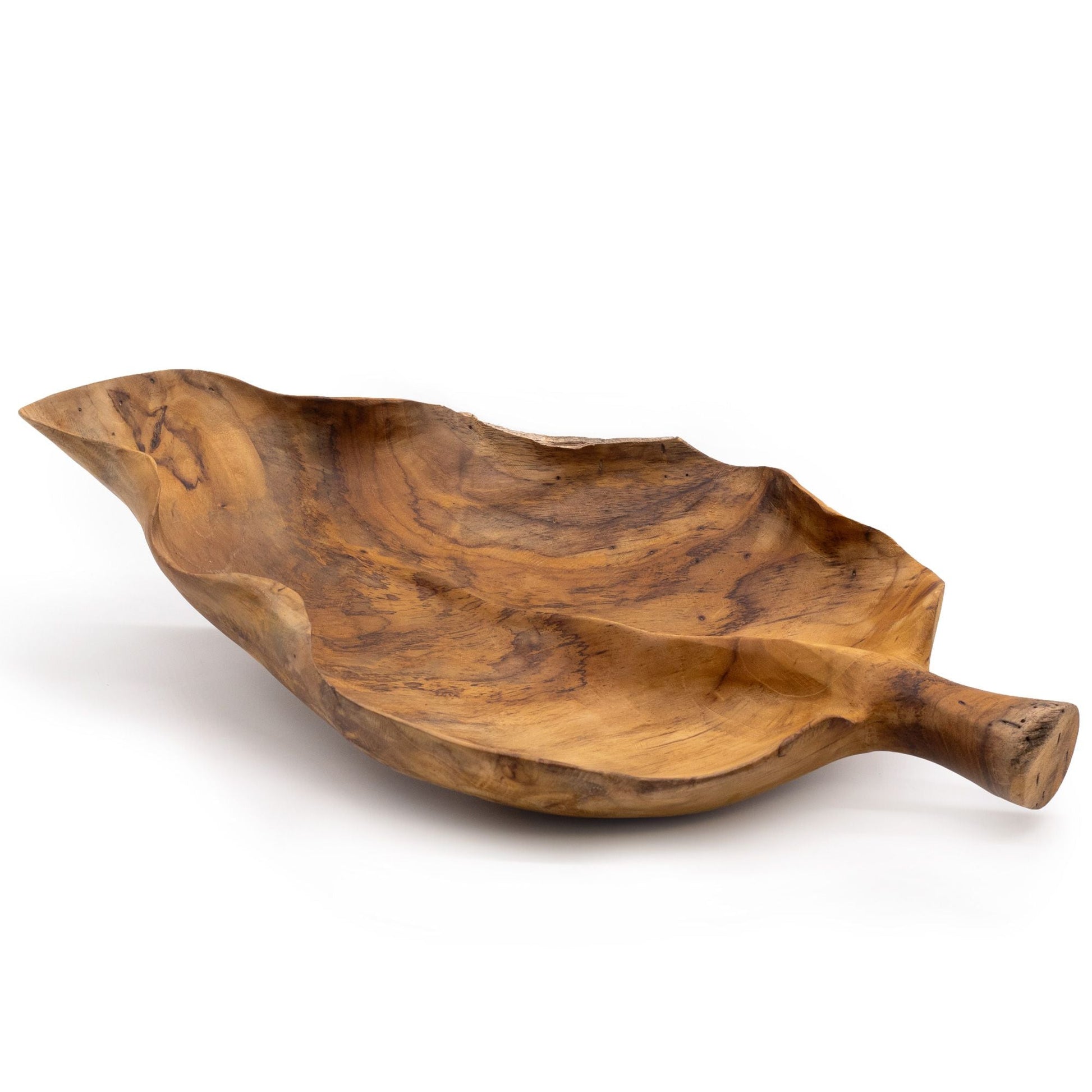 Leaf-Shaped Teak Wood Bowl – 40 × 24 × 5 CM, handcrafted teak leaf bowl with rich wood grain, decorative centerpiece tray
