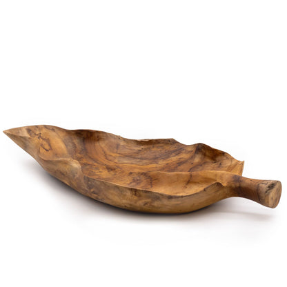 Leaf-Shaped Teak Wood Bowl – 40 × 24 × 5 CM, handcrafted teak leaf bowl with natural wood grain, decorative centerpiece dish