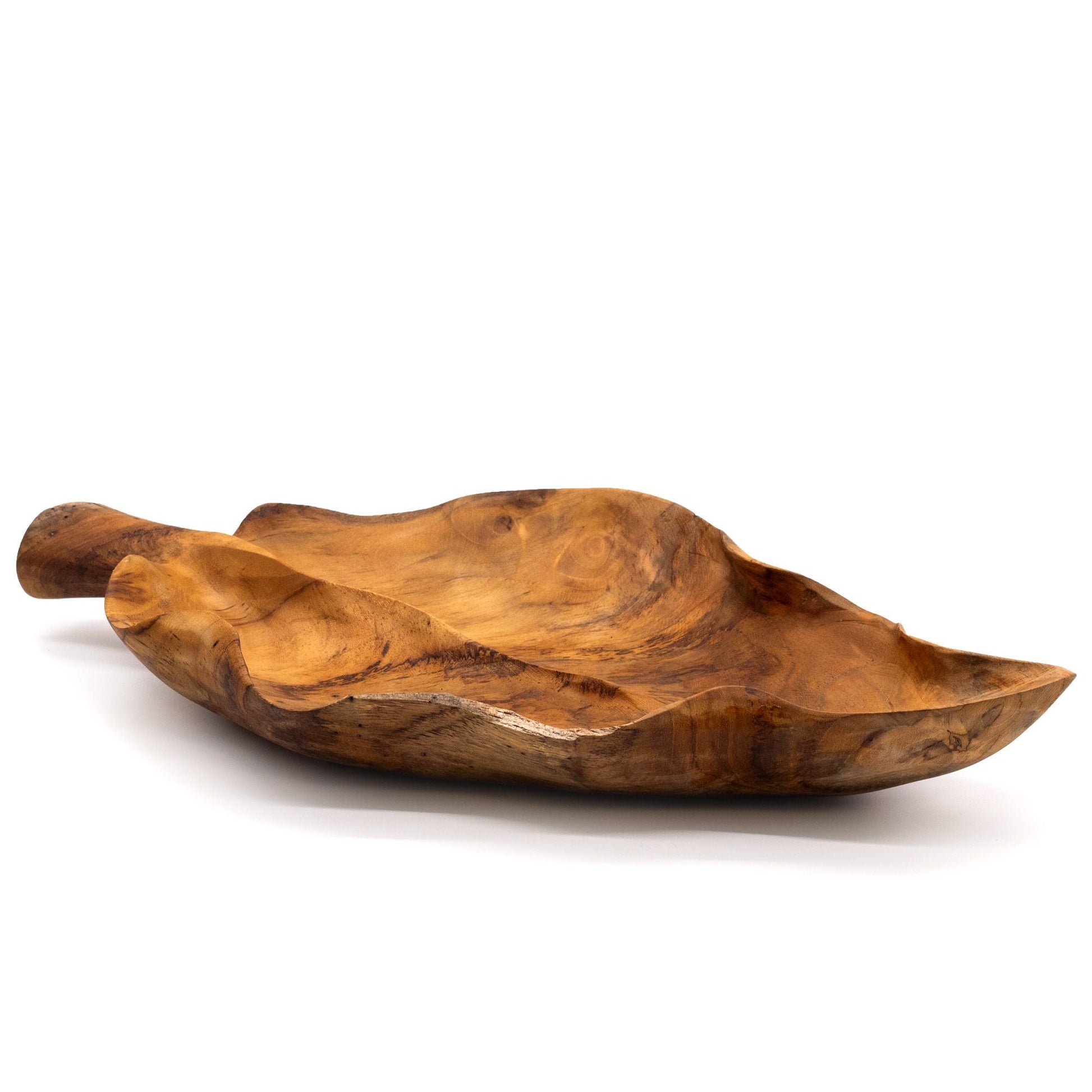 Leaf-Shaped Teak Wood Bowl – 40 × 24 × 5 CM, handcrafted teak serving bowl with rich wood grain, leaf design on white background
