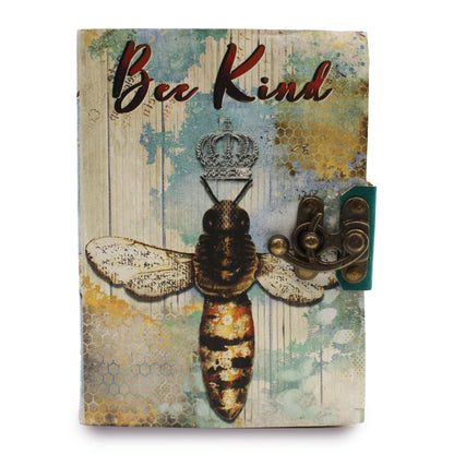 Leather Bee Kind Notebook – 18x13 CM leather journal with bee illustration cover, deckle-edge paper and metal clasp closure