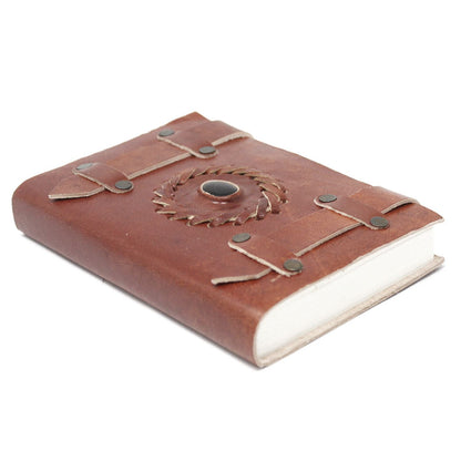 Alt Tag: Leather Black Onyx Belt Notebook – 15x10 CM, brown leather journal with belt-style straps and central onyx-like stone detail