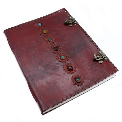 Alt Tag: Leather Chakra Journal – Huge 10x13, 200 Pages, genuine leather notebook with chakra stones, stitched cover and metal clasp