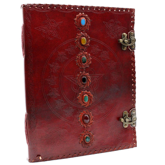 Alt Tag: Leather Chakra Journal – Huge 10x13, 200 Pages red genuine leather notebook with chakra stones, embossed cover and metal clasp