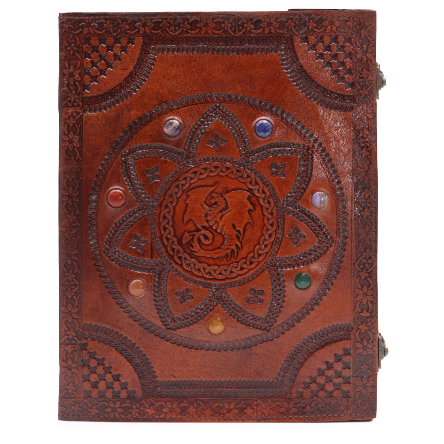 Alt Tag: Leather Chakra Journal – Dragon Mandala 100 Pages 25x34 CM, cuaderno de cuero marrón con mandala y dragón en relieve