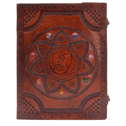 Alt Tag: Leather Chakra Journal – Dragon Mandala 100 Pages 25x34 CM, cuaderno de cuero marrón con mandala y dragón en relieve