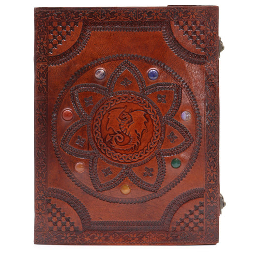Alt Tag: Leather Chakra Journal – Dragon Mandala 100 Pages 25x34 CM, cuaderno de cuero marrón con mandala y dragón en relieve