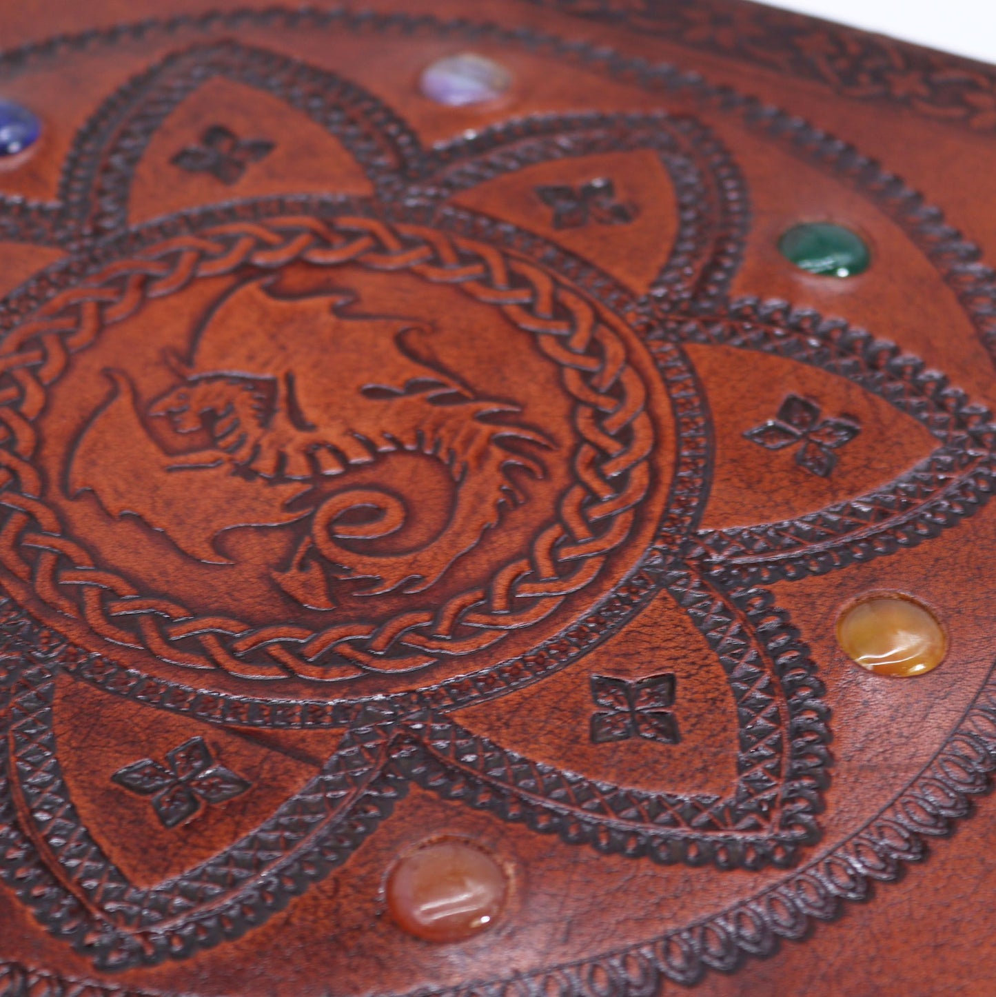 Alt Tag: Leather Chakra Journal – Dragon Mandala 100 Pages 25x34 CM leather cover with embossed dragon mandala and chakra stones