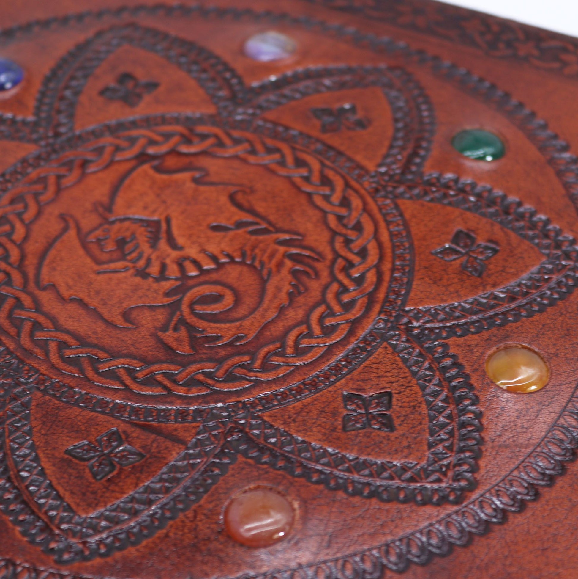 Alt Tag: Leather Chakra Journal – Dragon Mandala 100 Pages 25x34 CM leather cover with embossed dragon mandala and chakra stones