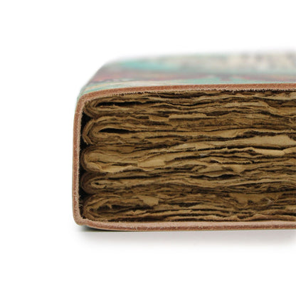 Leather Deckle-edge Notebook – 18x13 CM close-up of handcrafted leather cover spine and uncut deckle-edge paper pages