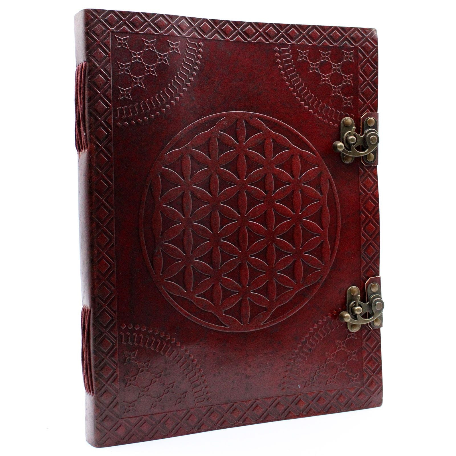 Alt Tag: Leather Flower of Life Journal – 200 Pages, 25x32.5 CM, leather cover with embossed Flower of Life design and metal clasp