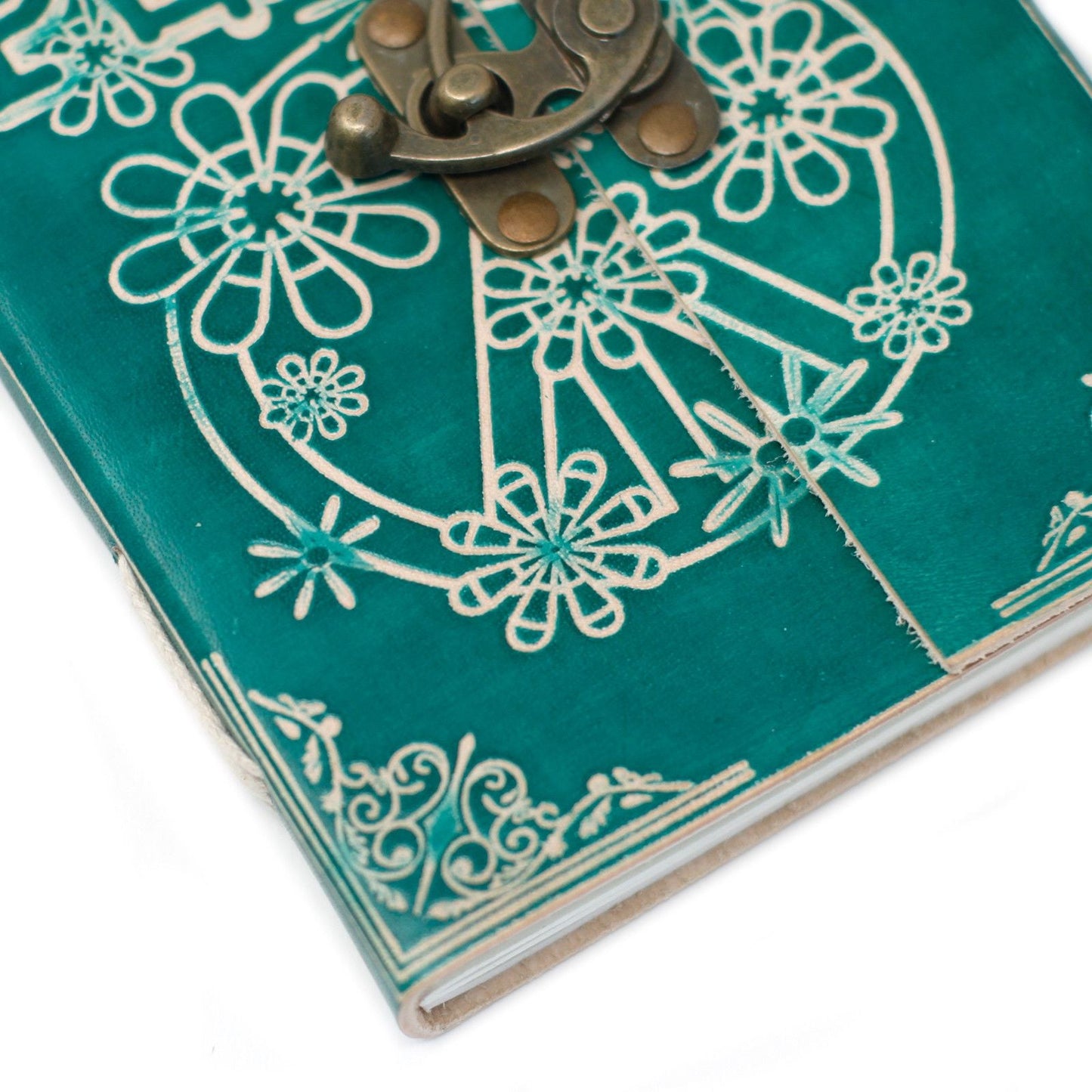 Leather Green Peace Notebook with Lock – 18 × 13 CM, green leather journal with embossed peace motif and metal clasp, close-up