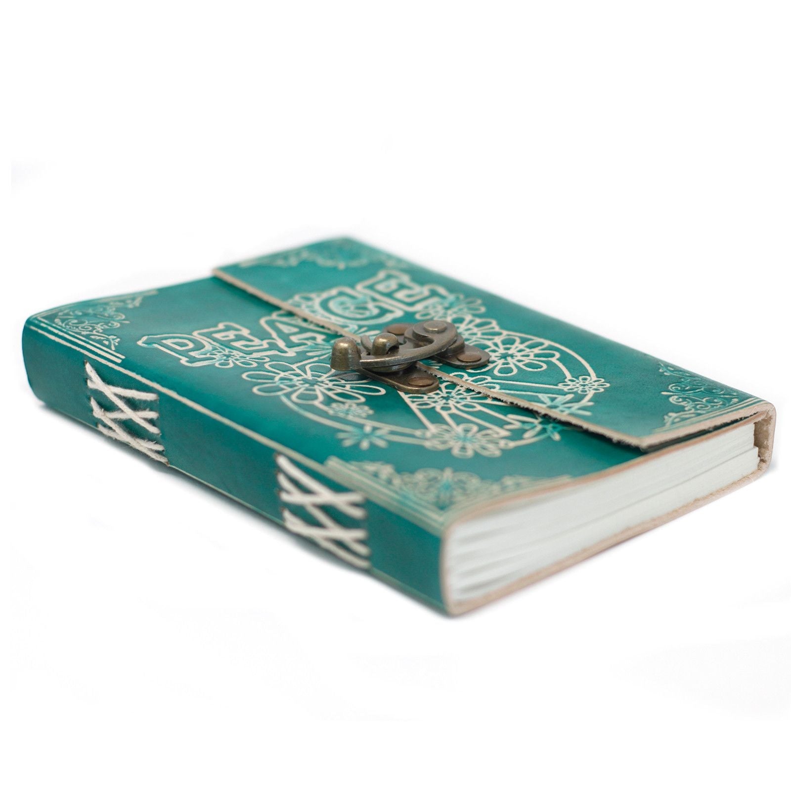 Leather Green Peace Notebook with Lock – 18 × 13 CM, handcrafted green leather journal with embossed peace motif and metal clasp lock