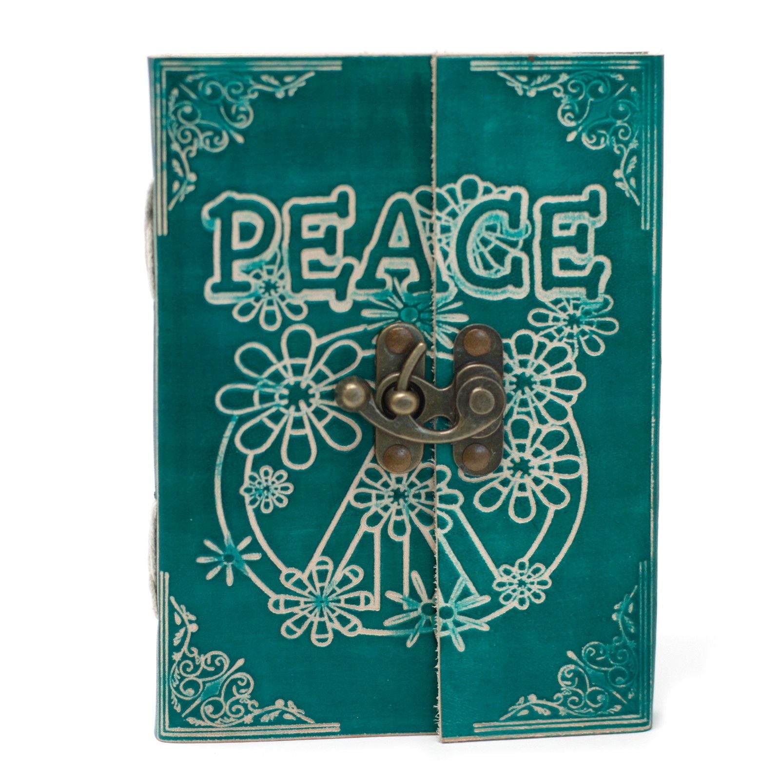 Leather Green Peace Notebook with Lock – 18 × 13 CM, green leather journal with embossed PEACE design and metal clasp lock
