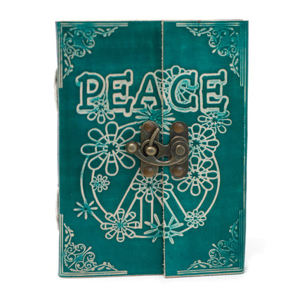 Leather Green Peace Notebook with Lock – 18 × 13 CM, green leather journal with embossed PEACE design and metal clasp lock