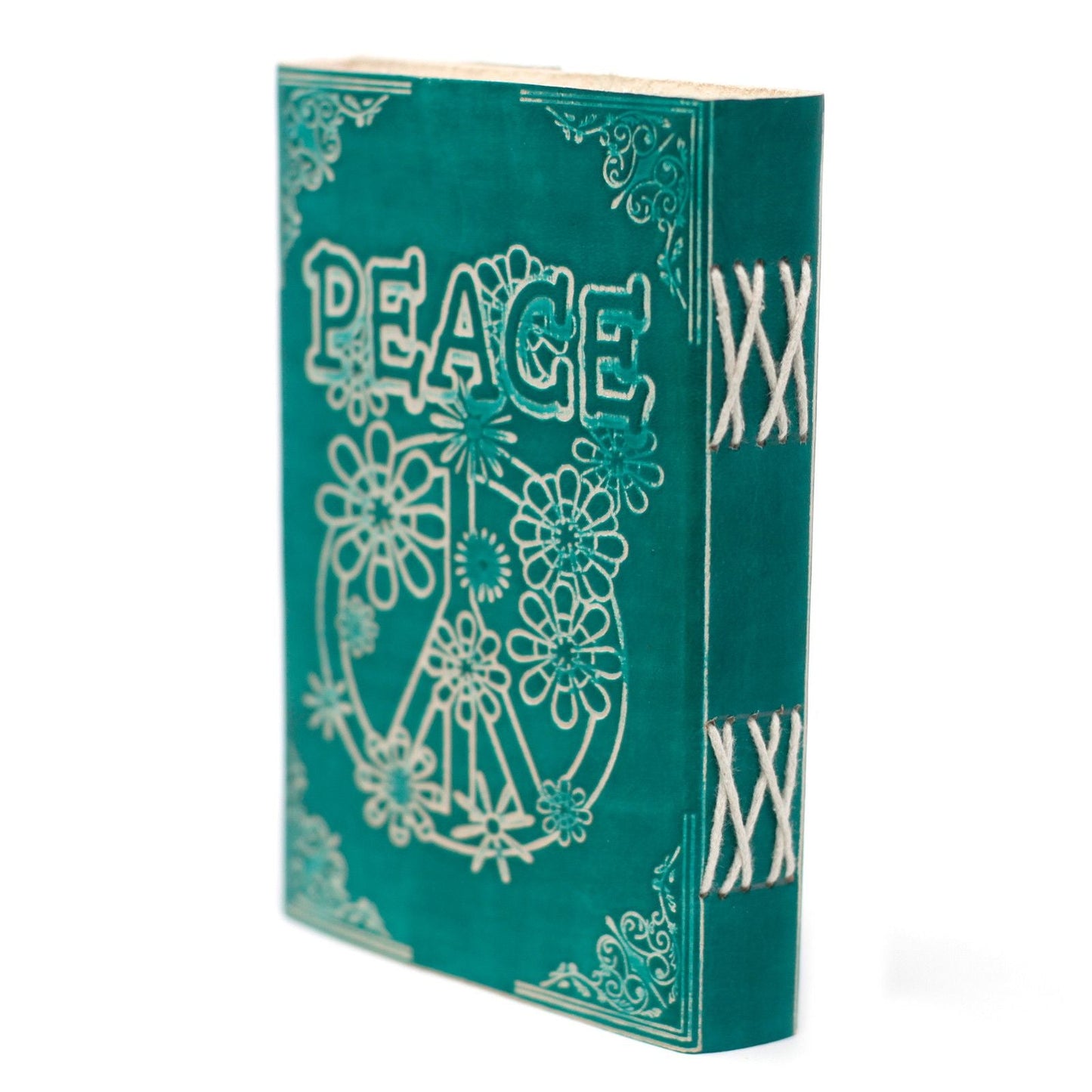 Alt Tag: Leather Green Peace Notebook with Lock – 18 × 13 CM, green leather journal with peace motif embossing and metal lock