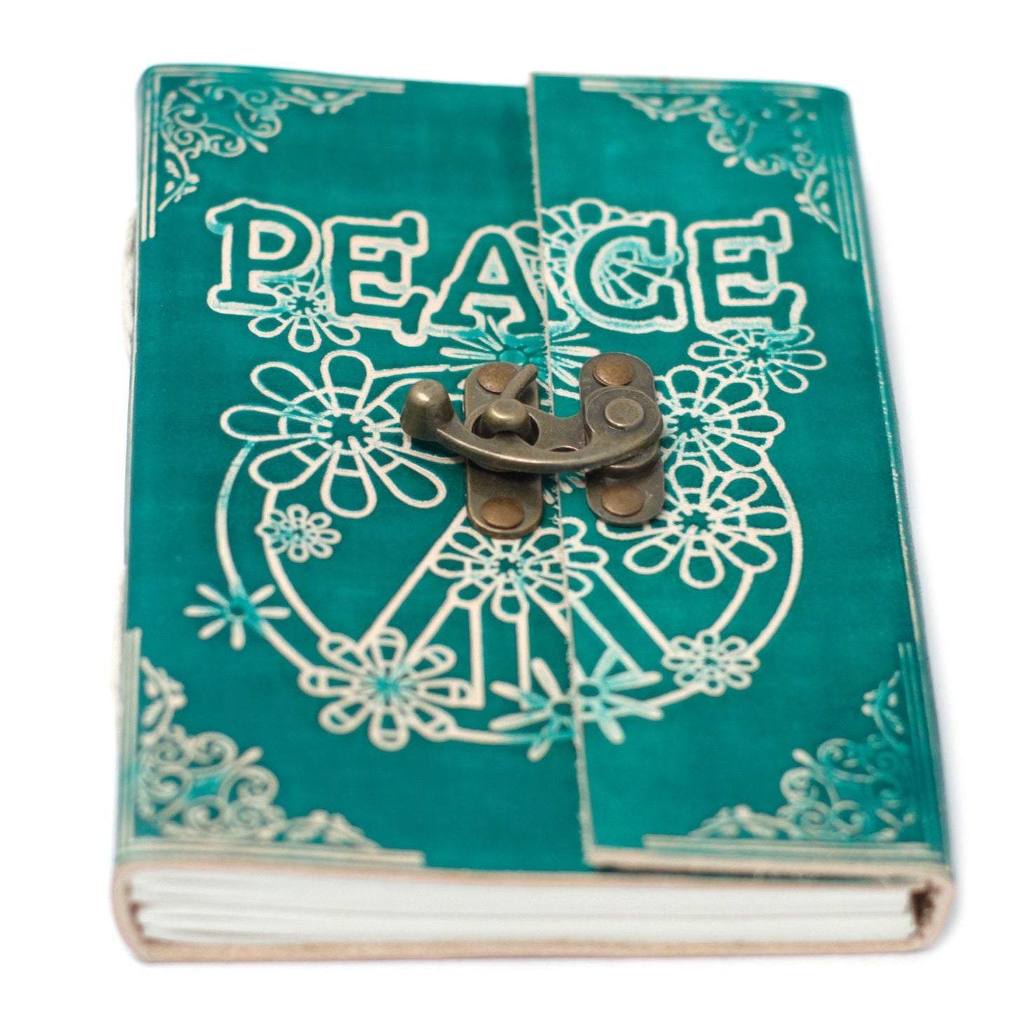Leather Green Peace Notebook with Lock – 18 × 13 CM, green leather journal with peace motif embossing and metal clasp lock