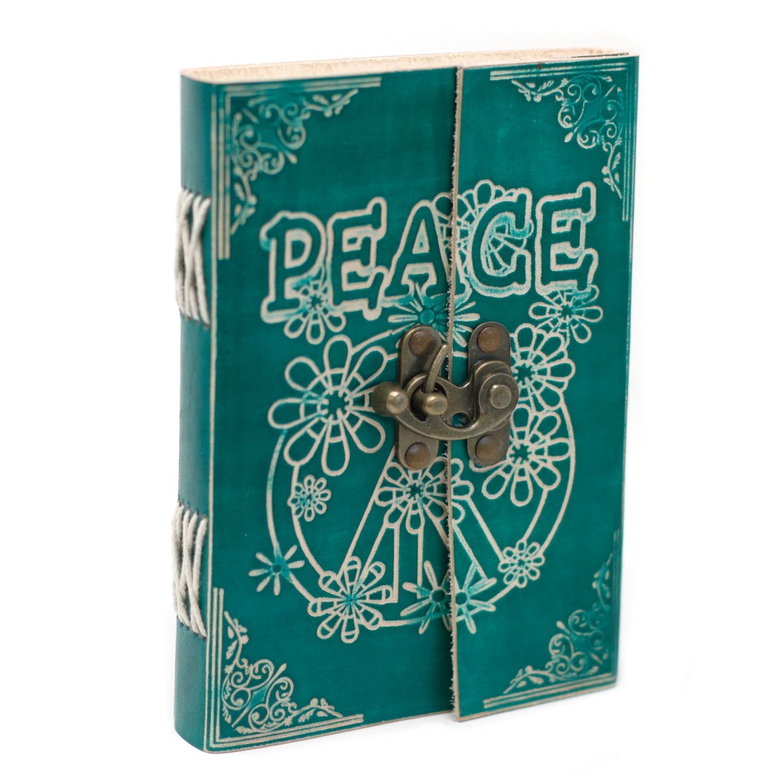 Alt Tag: Leather Green Peace Notebook with Lock – 18 × 13 CM, green leather journal with peace motif and metal clasp lock, front view