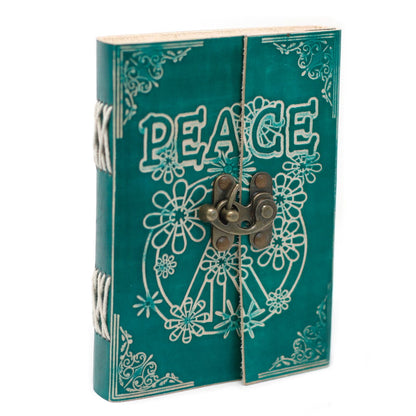 Alt Tag: Leather Green Peace Notebook with Lock – 18 × 13 CM, green leather journal with peace motif and metal clasp lock, front view