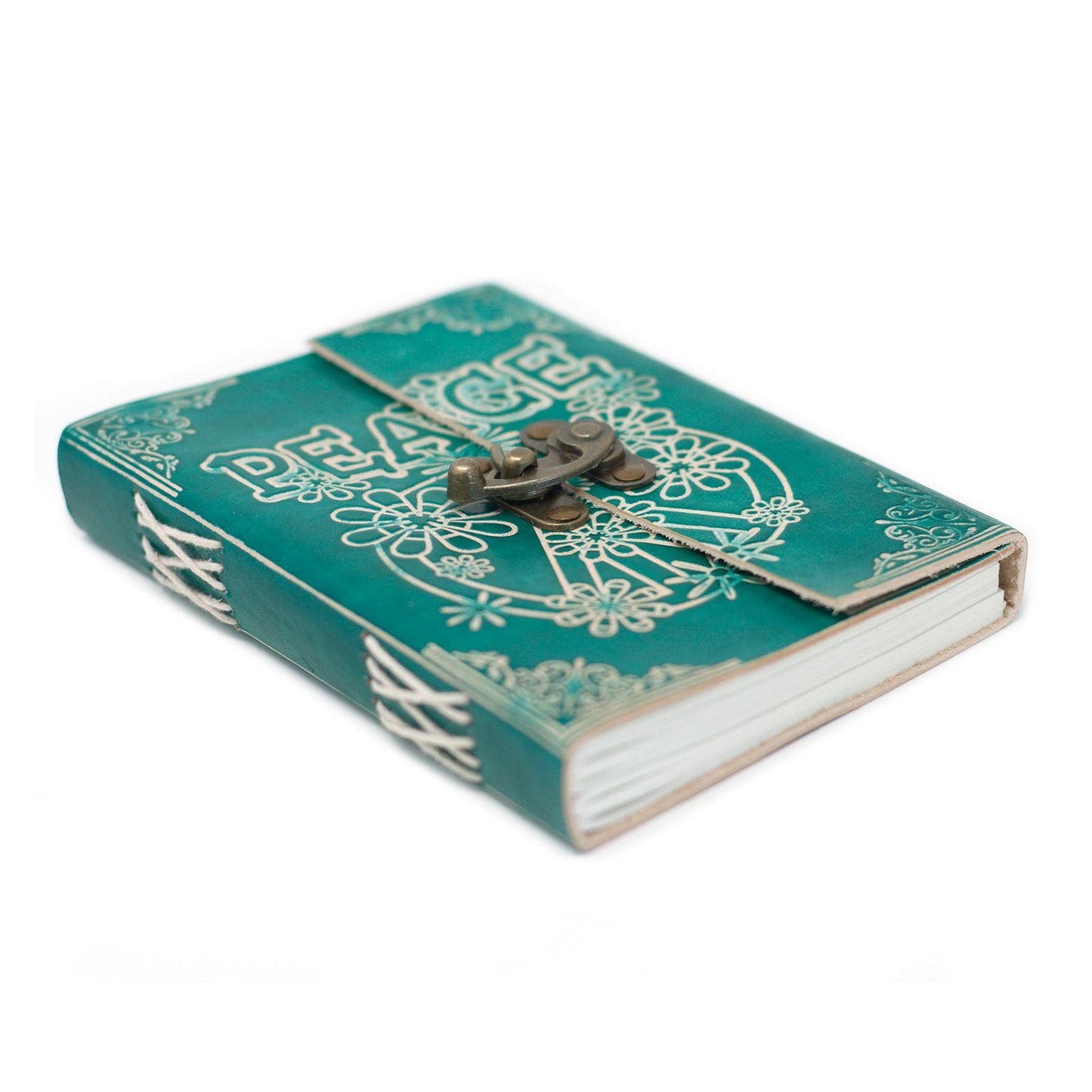 Alt Tag: Leather Green Peace Notebook with Lock – 18 × 13 CM, cuaderno artesanal de cuero verde con relieve de paz y cierre metálico