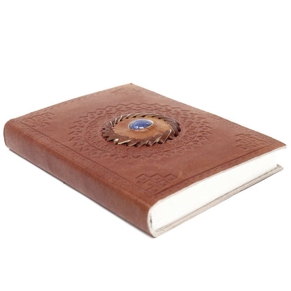 Alt Tag: Leather Lapis Journal – 17x12 CM premium leather notebook with embossed cover and blue lapis gemstone accent, brown journal