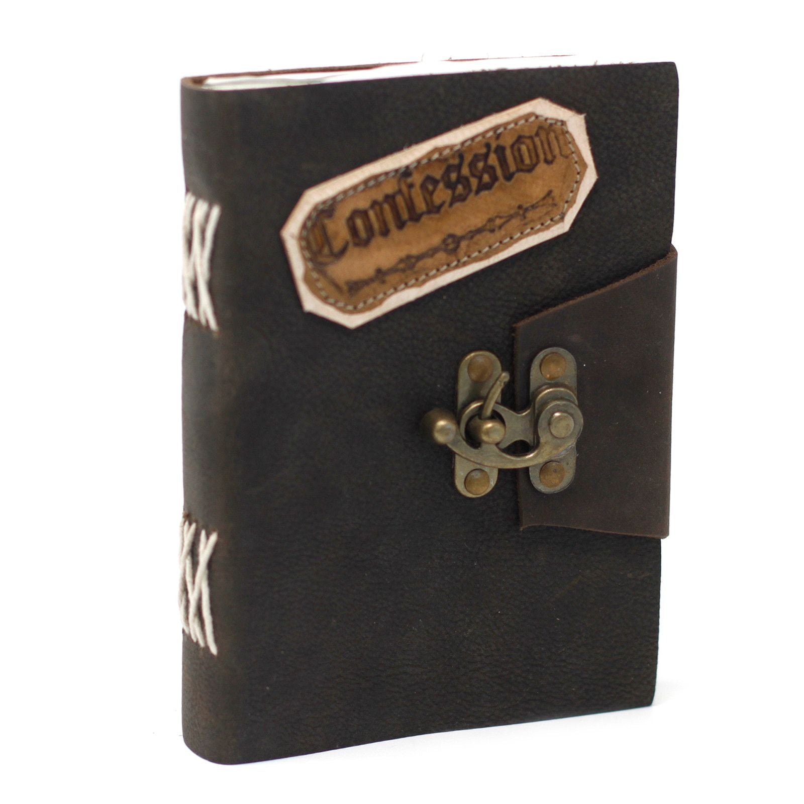Leather Lock Notebook – 18x13 CM black leather journal with vintage metal lock clasp and "Confession" label, 200-page notebook
