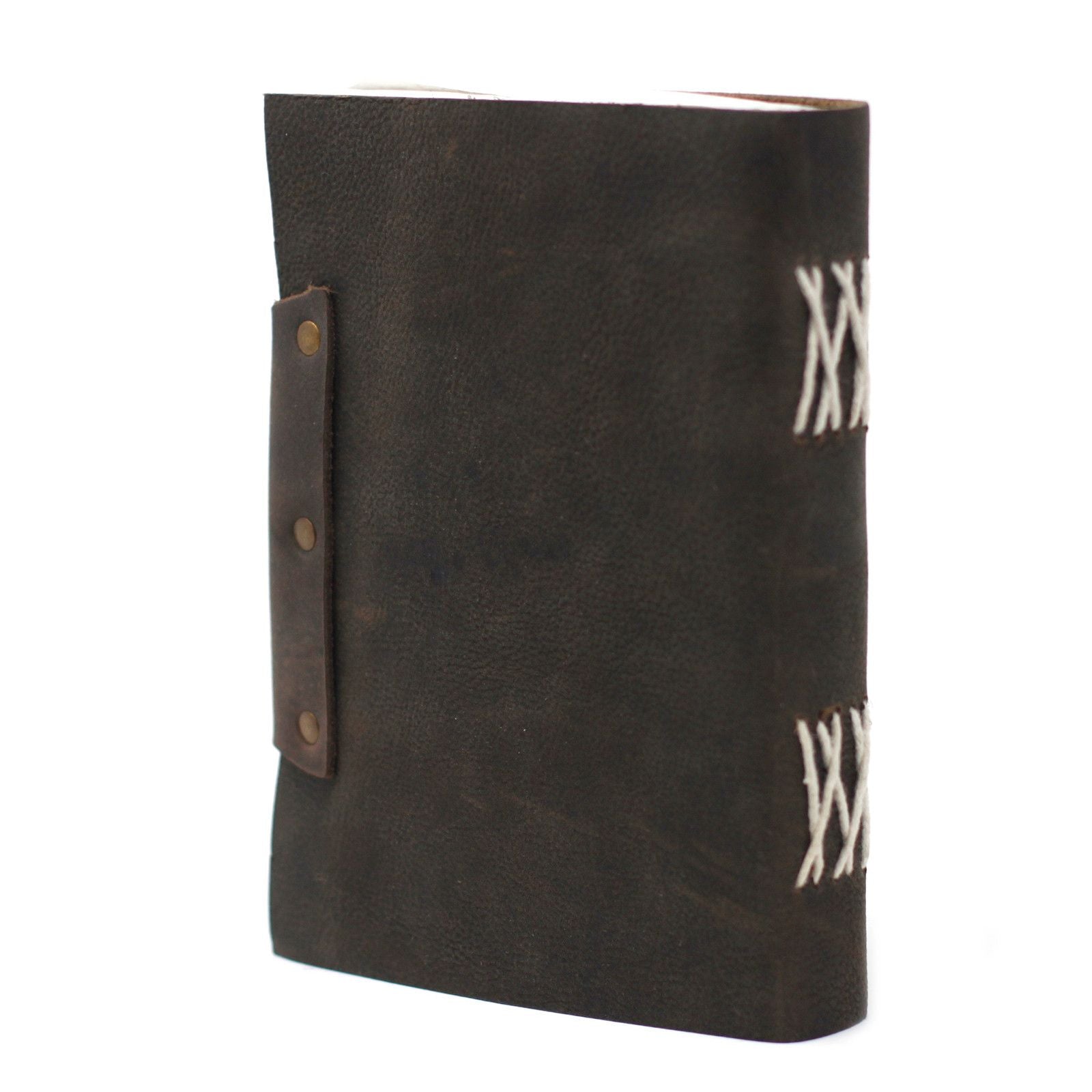 Alt Tag: Leather Lock Notebook – 18x13 CM black leather journal with side strap and stitched detail, 200-page travel notebook made in India