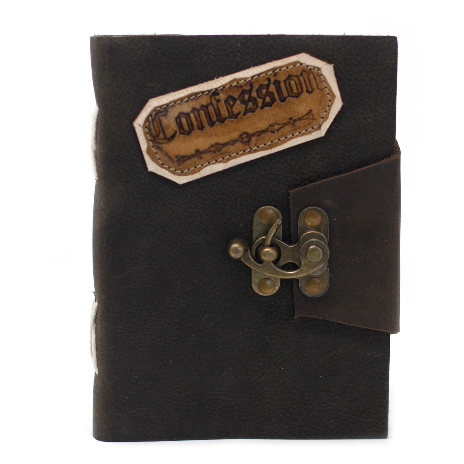 Alt Tag: Leather Lock Notebook – 18x13 CM cuaderno de cuero negro con cierre metálico y etiqueta “Confession”