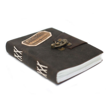 Leather Lock Notebook – 18x13 CM dark leather journal with metal clasp lock and stitched spine, angled view