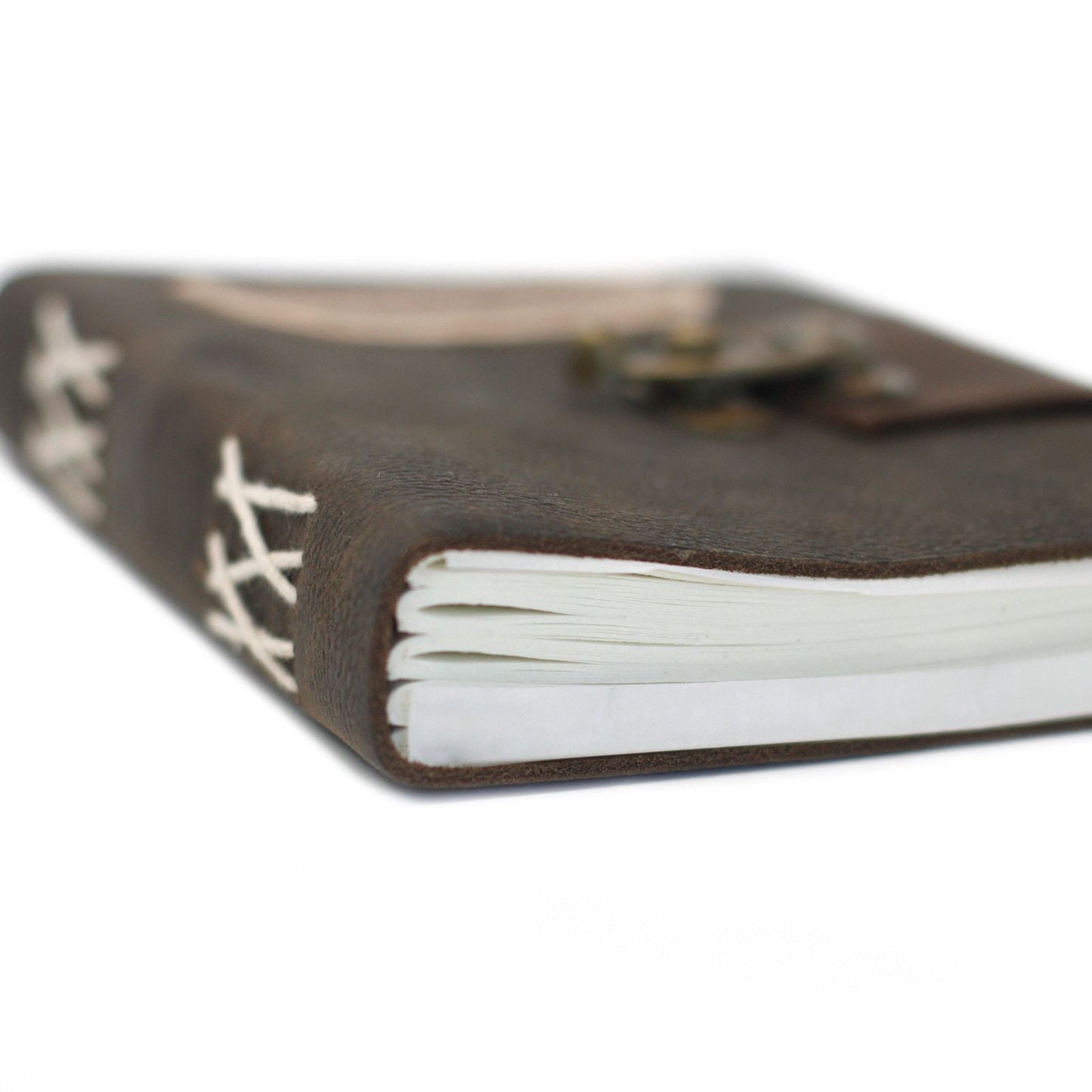 Leather Lock Notebook – 18x13 CM close-up of brown leather cover with stitched spine, metal lock detail, and white pages