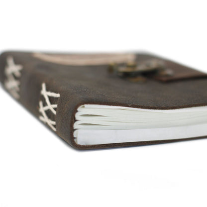 Leather Lock Notebook – 18x13 CM close-up of brown leather cover with stitched spine, metal lock detail, and white pages