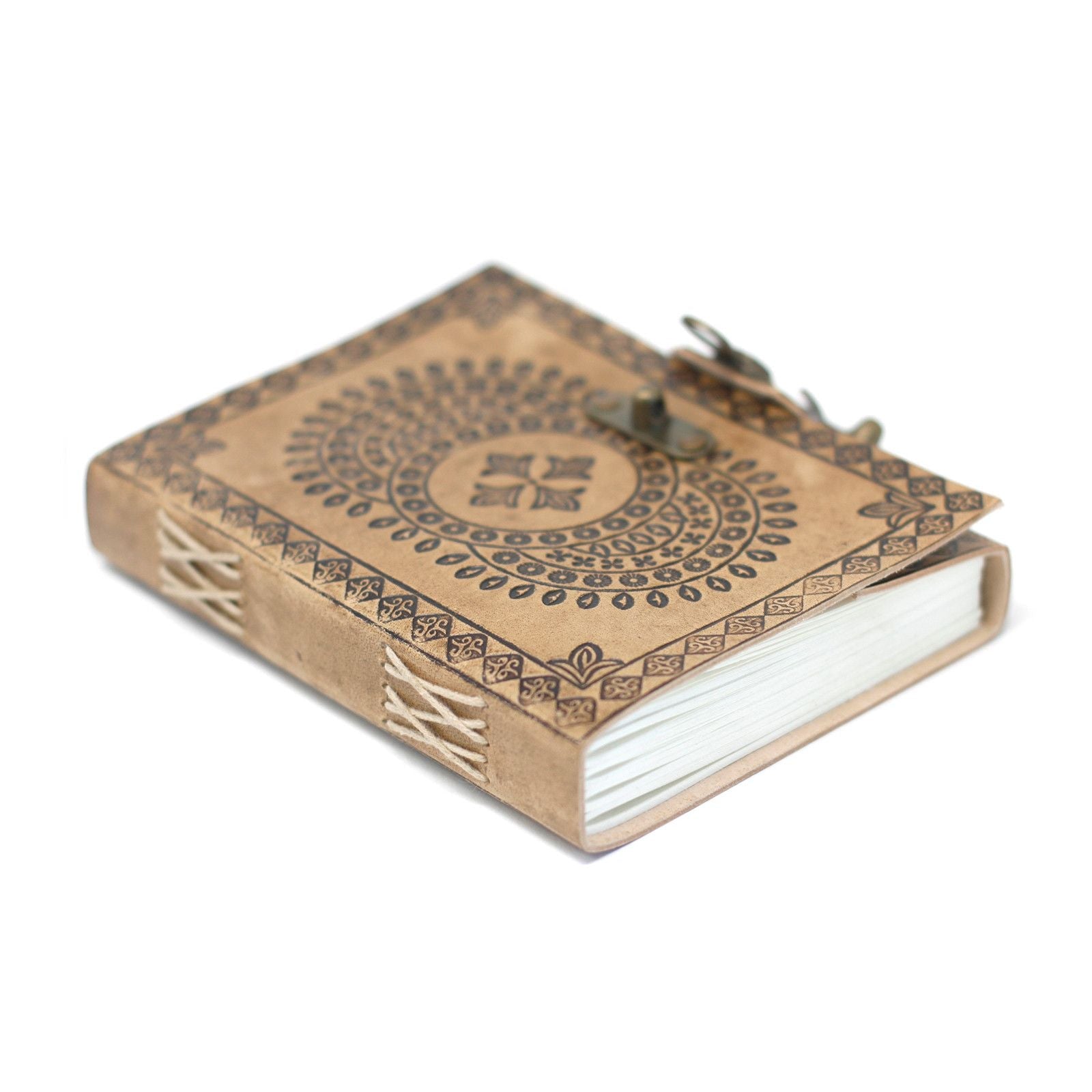 Leather Mandala Notebook – 200 Pages, 18x13 CM with engraved mandala leather cover, compact journal with clasp closure