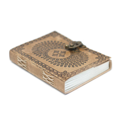 Alt Tag: Leather Mandala Notebook – 18x13 CM genuine leather journal with embossed mandala cover, wrap tie closure, and lined pages