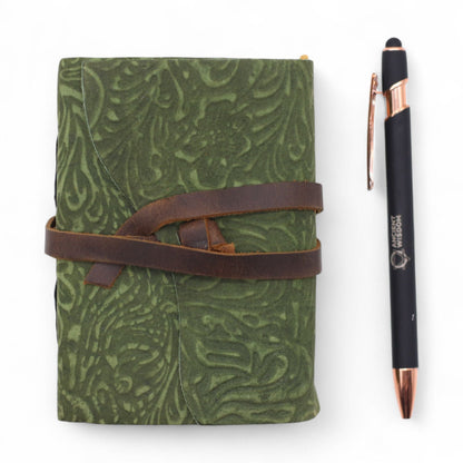 Alt Tag: Leather Notebook – Green Maze 12.7 x 8.9 CM green leather journal with embossed maze pattern and wraparound strap, top view