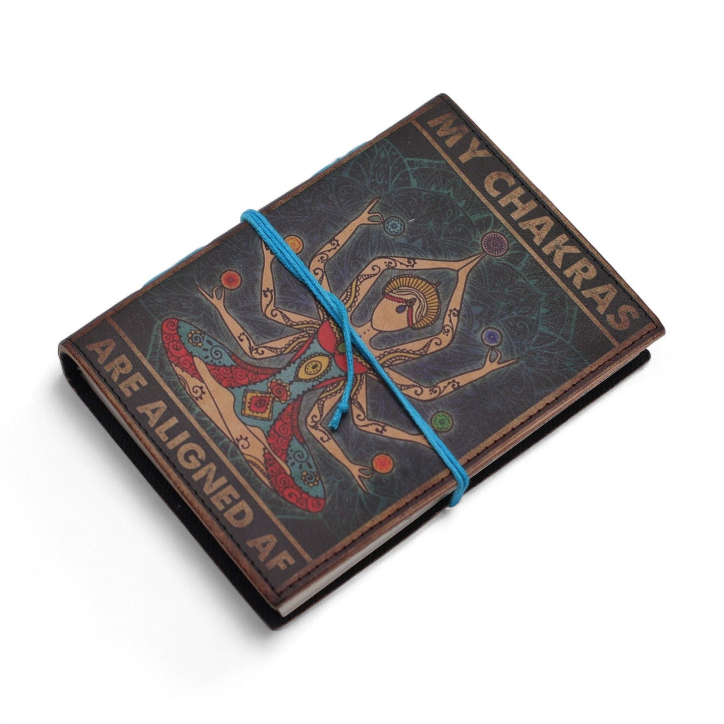 Cuaderno de cuero – My Chakras Are Aligned AF 17.5x13 CM cuaderno de cuero auténtico con diseño de portada de diosa de los chakras y banda elástica azul