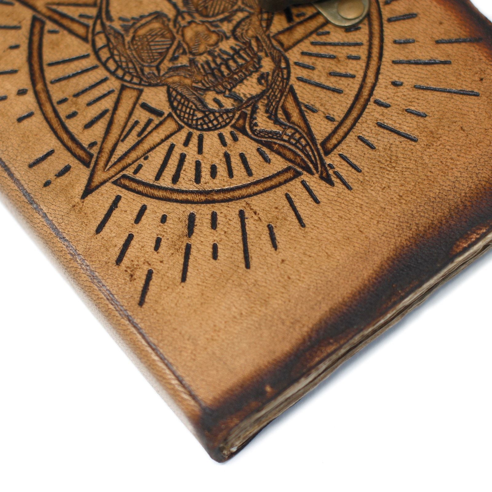 Leather Skull Journal – 18x13 CM close-up of genuine leather cover with skull burn engraving and vintage distressed finish