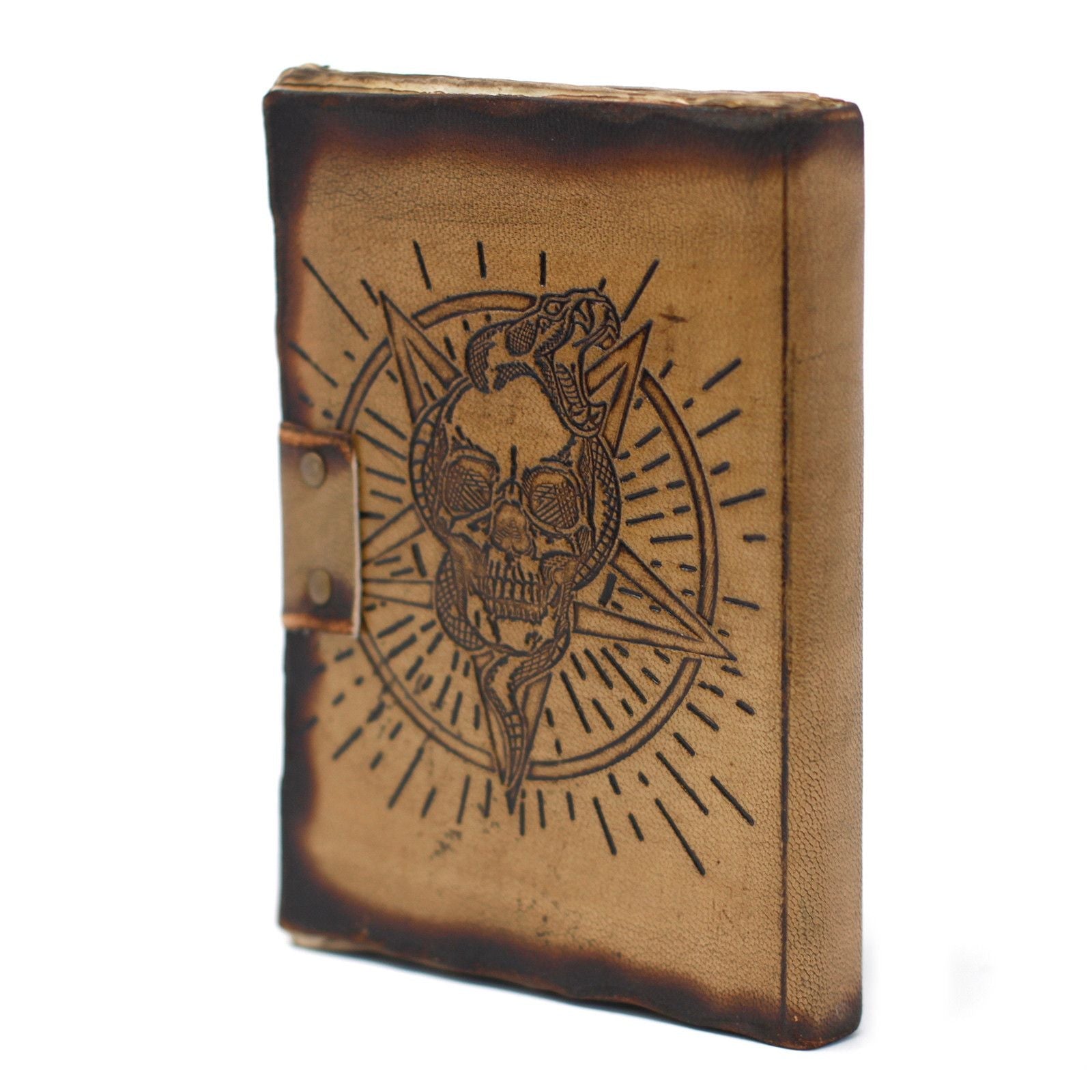 Alt Tag: Leather Skull Journal – 18x13 CM genuine leather notebook with skull and snake burn-etched cover, vintage style