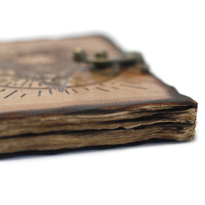 Alt Tag: Leather Skull Journal – 18x13 CM close-up, genuine leather cover with skull burn details and aged paper pages