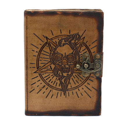 Leather Skull Journal – 18x13 CM genuine leather notebook with skull and burn detail cover, compact 18x13 cm with metal clasp
