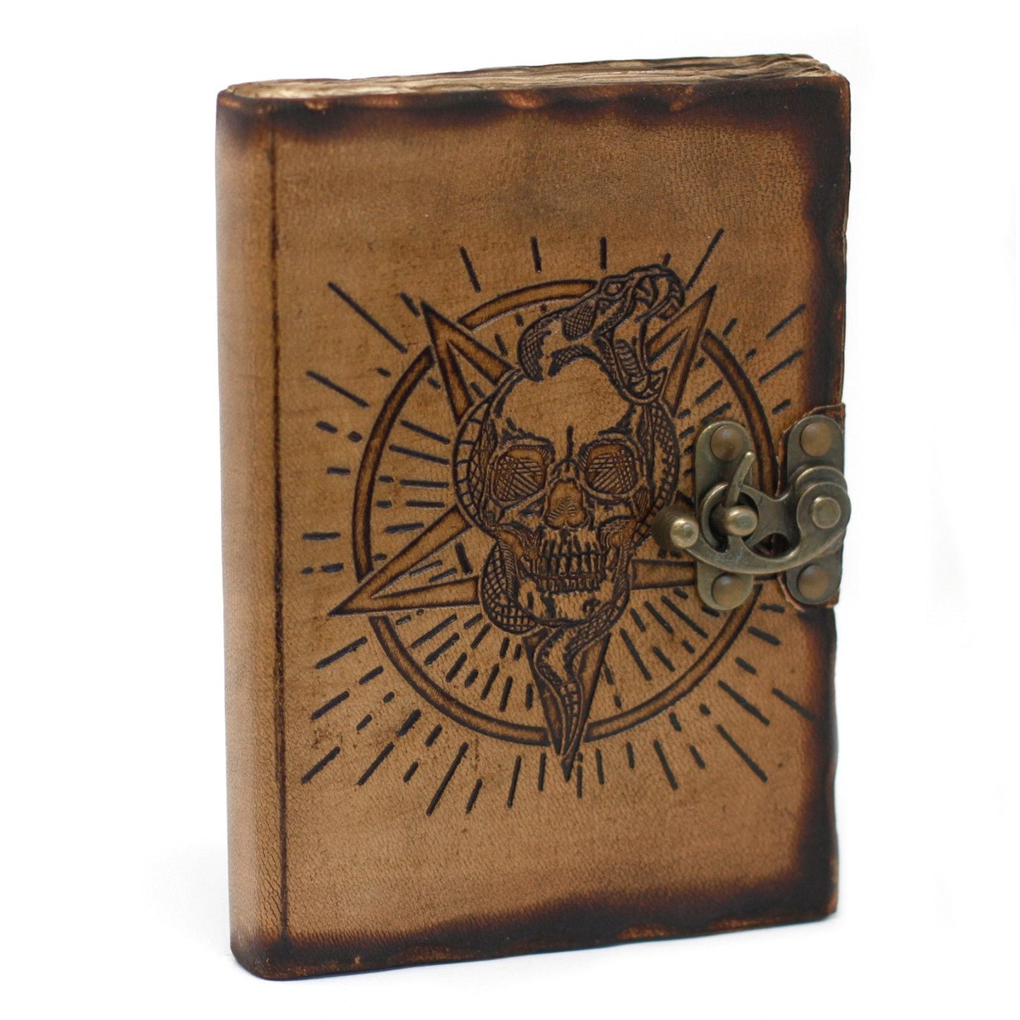 Alt Tag: Leather Skull Journal – 18x13 CM, genuine leather cover with skull burn detail and metal clasp, vintage brown notebook
