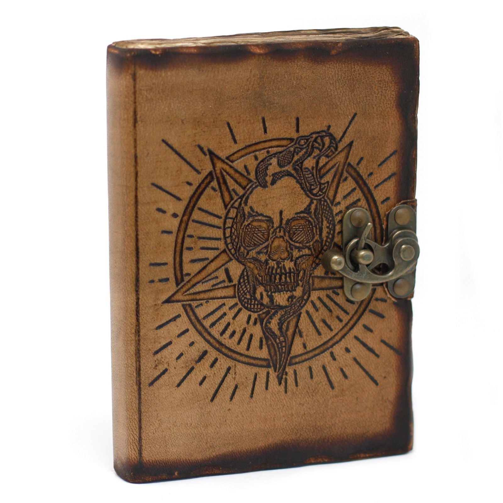 Alt Tag: Leather Skull Journal – 18x13 CM, genuine leather cover with skull burn detail and metal clasp, vintage brown notebook