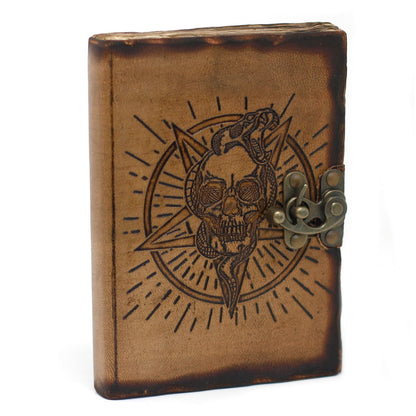 Alt Tag: Leather Skull Journal – 18x13 CM, genuine leather cover with skull burn detail and metal clasp, vintage brown notebook