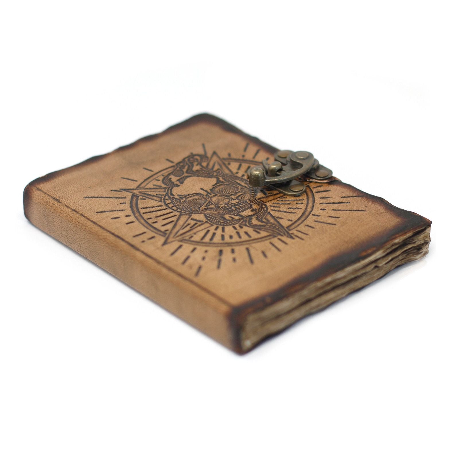Leather Skull Journal – 18x13 CM genuine leather notebook with skull burn design and metal clasp, vintage brown cover