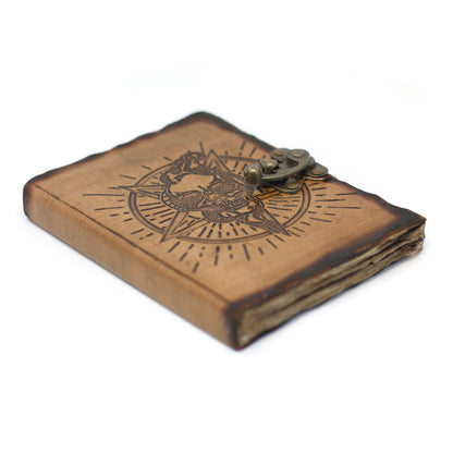 Leather Skull Journal – 18x13 CM genuine leather notebook with skull burn design and metal clasp, vintage brown cover
