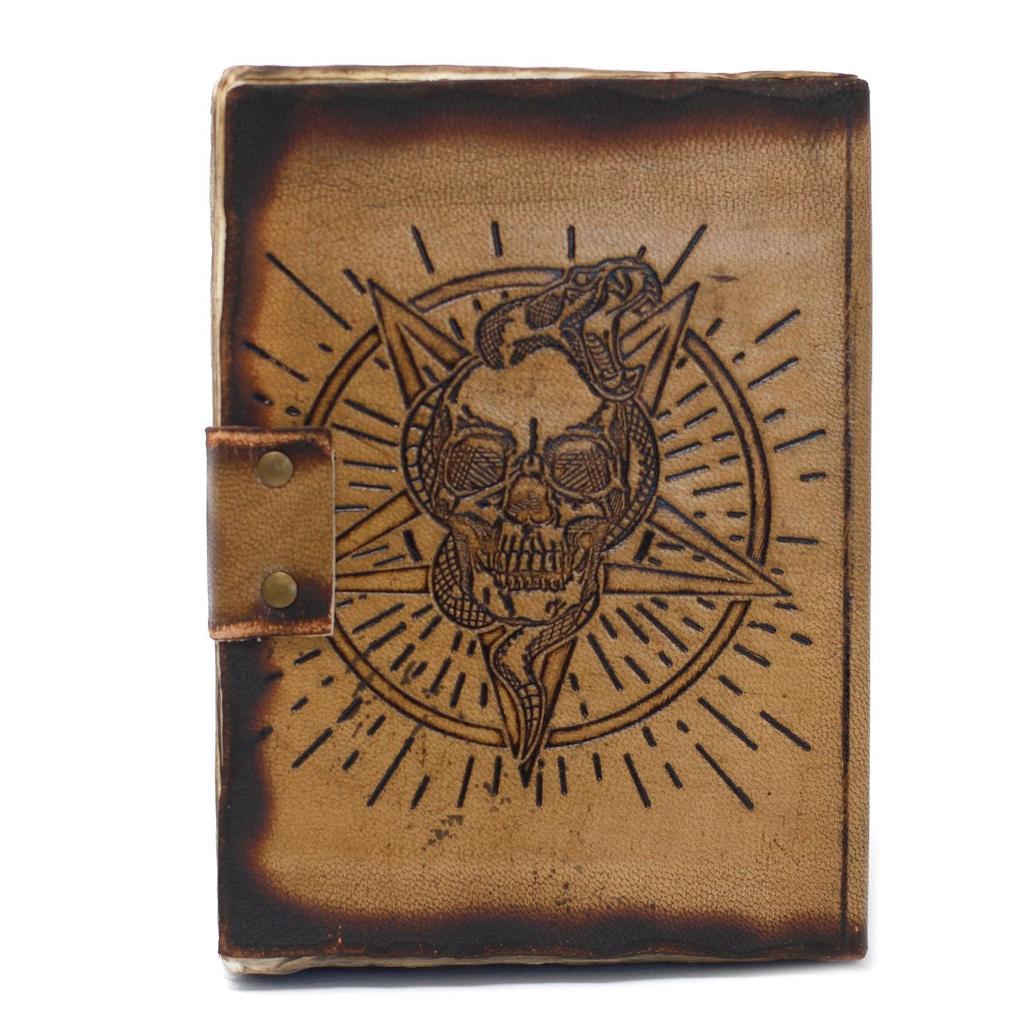 Alt Tag: Leather Skull Journal – 18x13 CM genuine leather notebook with skull and snake burn-etched cover, vintage style, compact travel journal