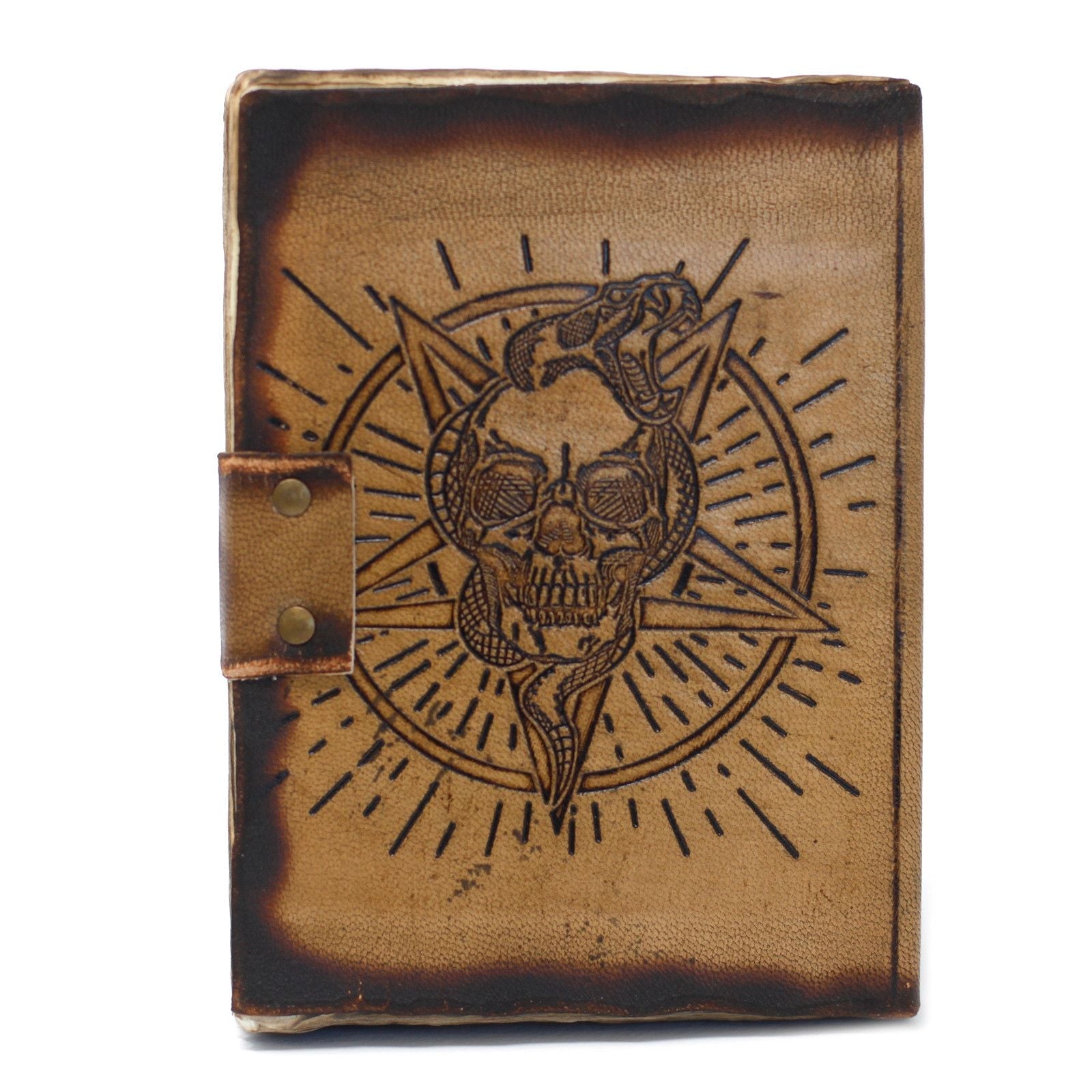 Alt Tag: Leather Skull Journal – 18x13 CM genuine leather notebook with skull and snake burn-etched cover, vintage style, compact travel journal