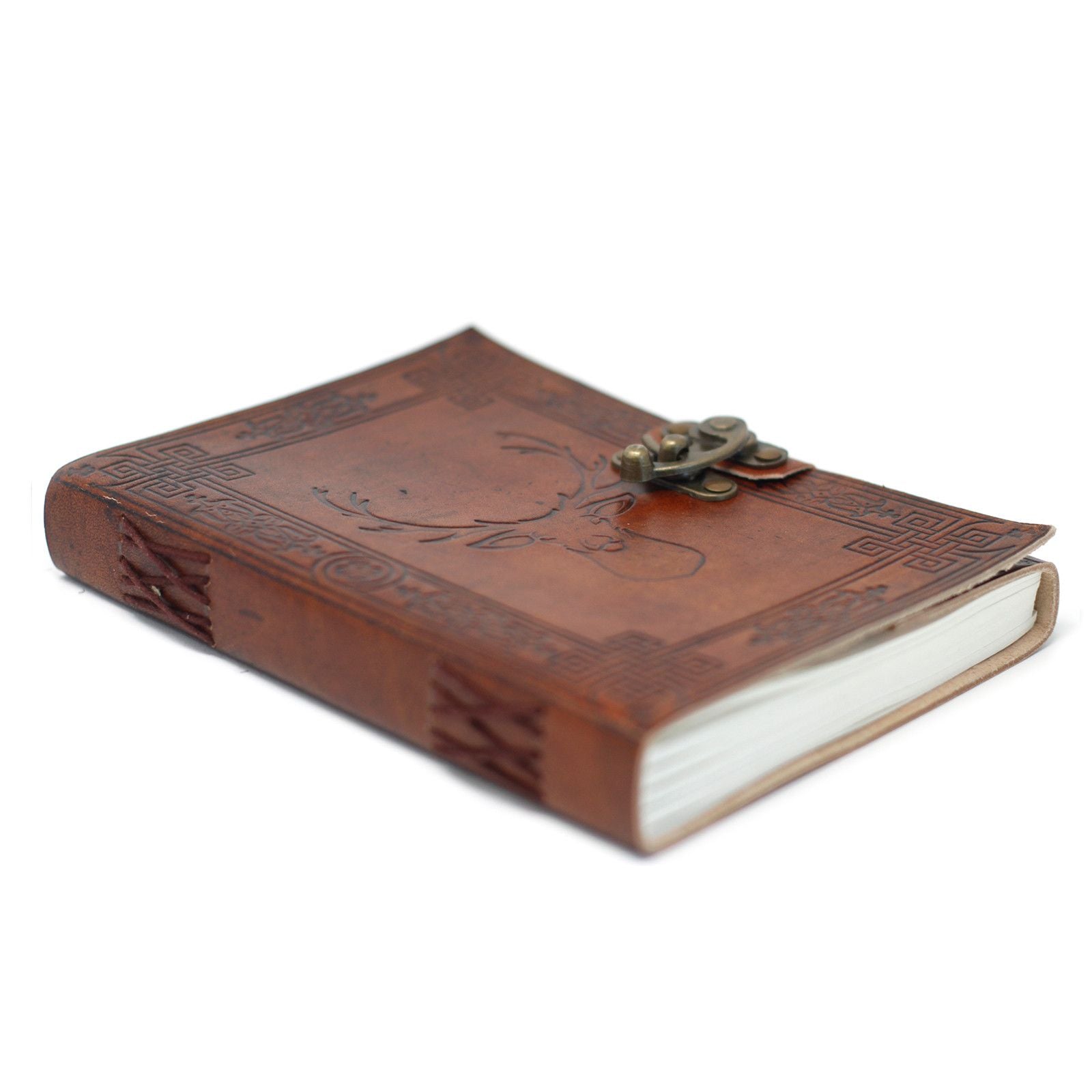 Alt Tag: Leather Stag Notebook – 20 × 15 CM leather journal with embossed stag design and metal clasp, brown cover
