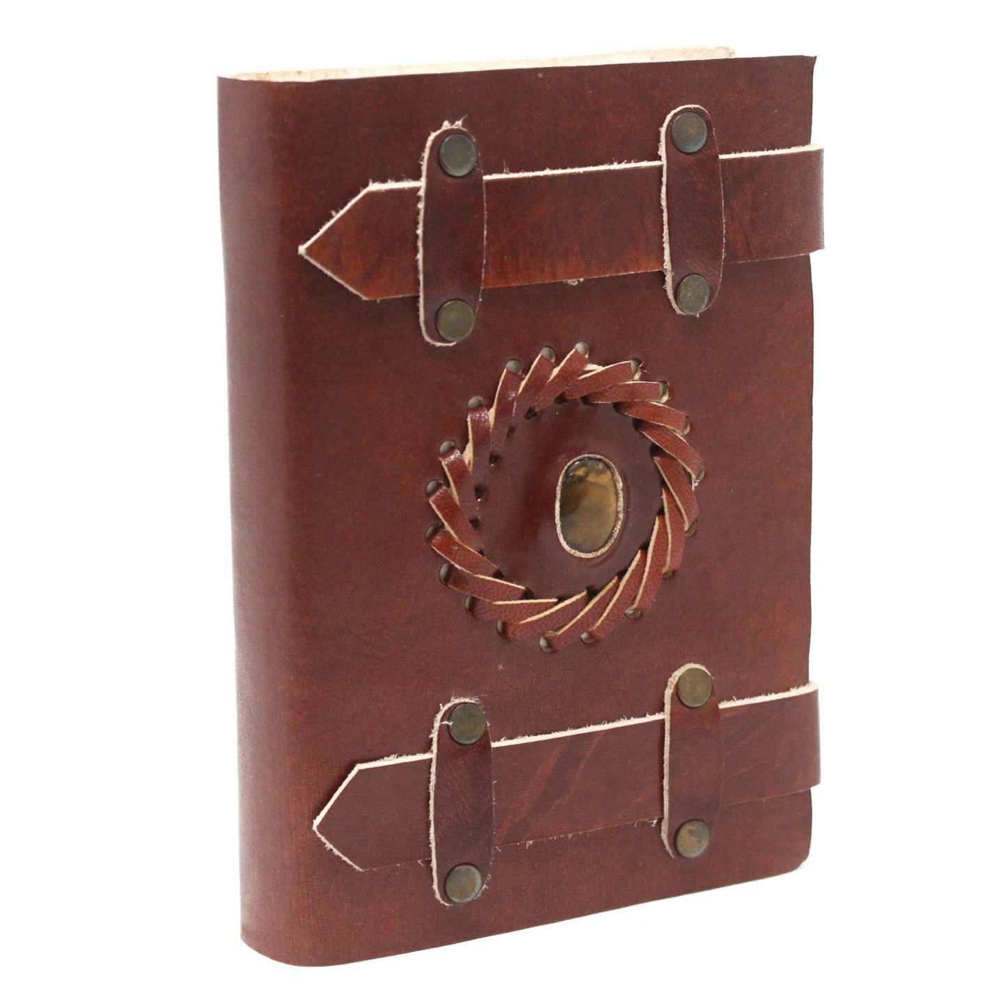 Leather Tigereye Journal – 15x10 CM brown leather notebook with strap closure and tigereye stone accent on cover