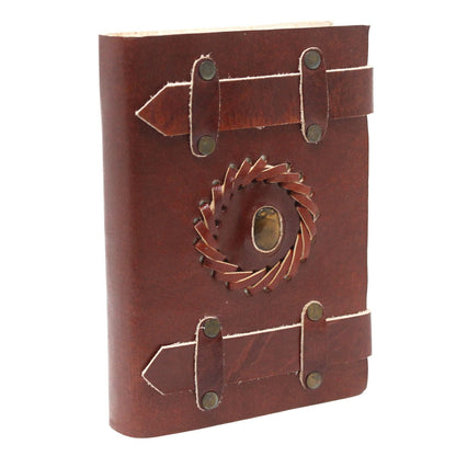 Leather Tigereye Journal – 15x10 CM brown leather notebook with strap closure and tigereye stone accent on cover